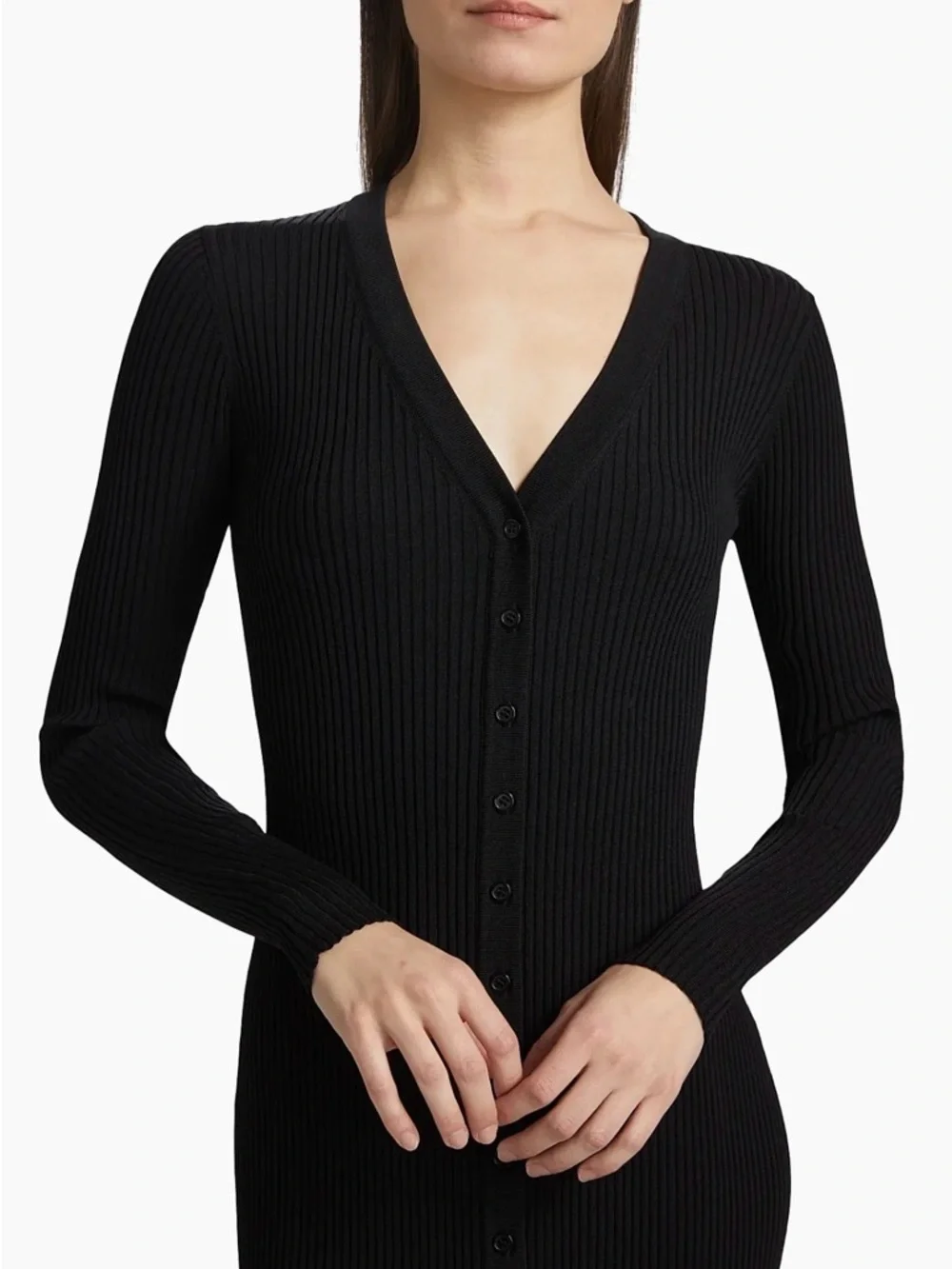 STAUD Shoko Sweater Maxi Dress Black Ribbed Button-Front Size Small Retails $225 - Picture 3 of 13